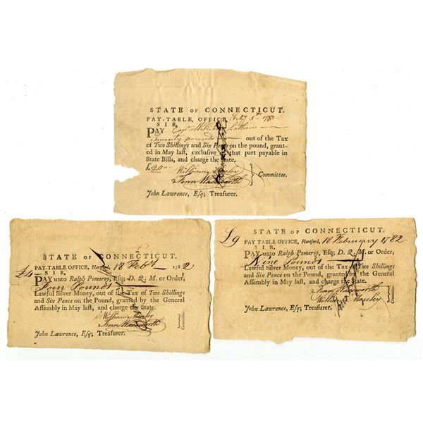 CT. Connecticut Pay-Table Office, 1782, Tax Warrant Trio.