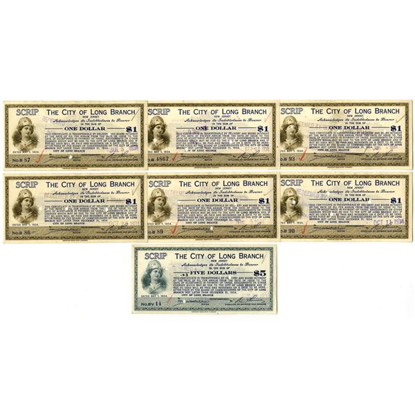 NJ. City of Long Branch, 1934, I/C Depression Scrip Note Assortment, Mostly Low Serial Numbers.