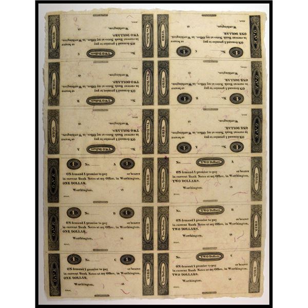 OH. Worthington Ohio, Uncut Se-tenant Sheet of 12 Obsolete Banknotes, ND (ca. 1810-18).