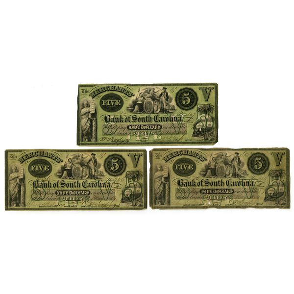SC. Merchants' Bank of South Carolina, 1857, Issued Obsolete Banknote Trio.
