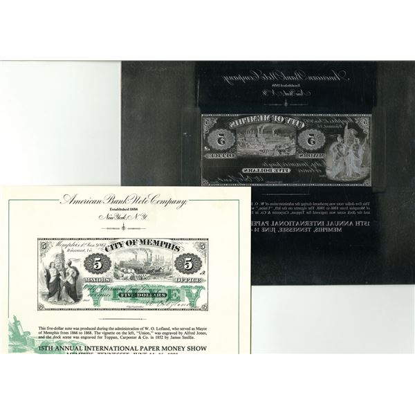 City of Memphis $5. 1866. ABNC IPMS Souvenir Card Printing Plate. ABNC. 1991.