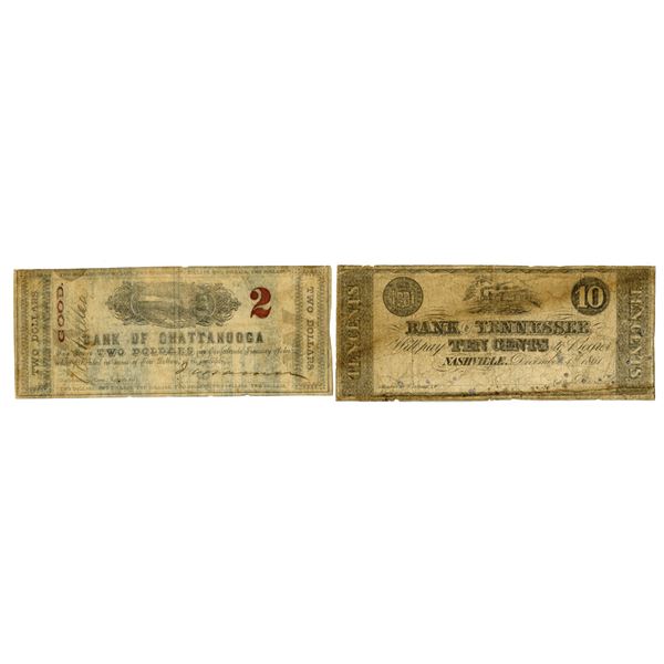 TN. Bank of Chattanooga and Bank of Tennessee, 1861 and 1862, Issued Civil War Era Obsolete Banknote