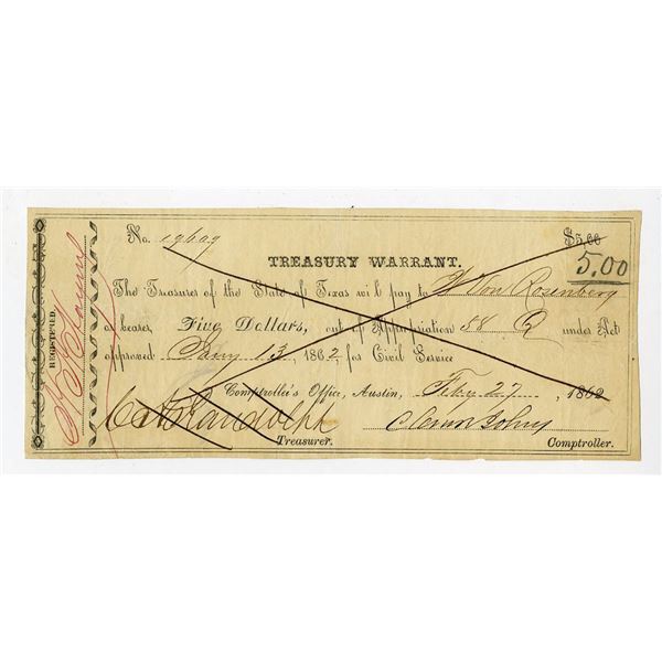 TX. Treasurer of the State of Texas, 1862. $5 I/C Obsolete Warrant for Civil Service