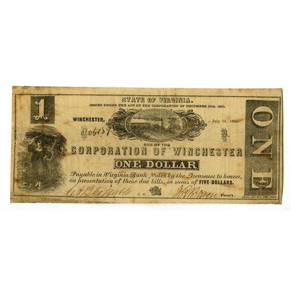 VA. Corporation of Winchester, 1861, Issued Banknote.