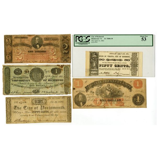 VA. Richmond and Virginia Civil War Currency Group, 1861 to 1862, Issued Note Assortment.