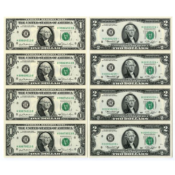 U.S., F.R.N., $2, Series 1976 and $1 Series 1981, Pair of Uncut Sheets of Star Notes and Banknotes.