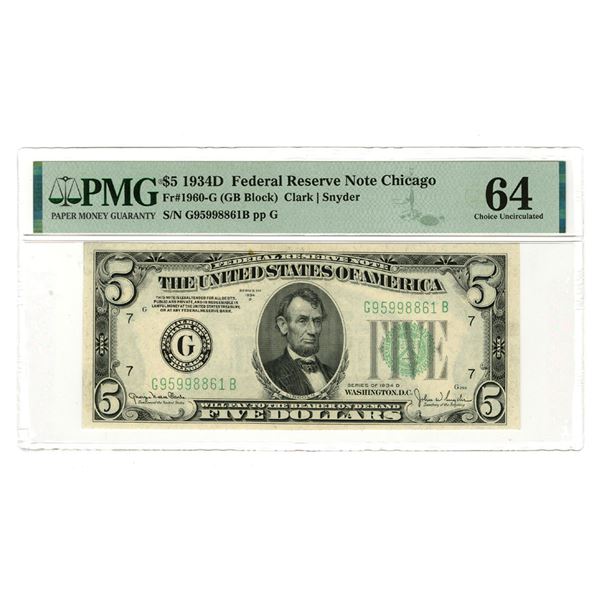 IL. U.S. Federal Reserve Notes, $5, Series of 1934D, Fr.# 1960-G, Issued Banknote.