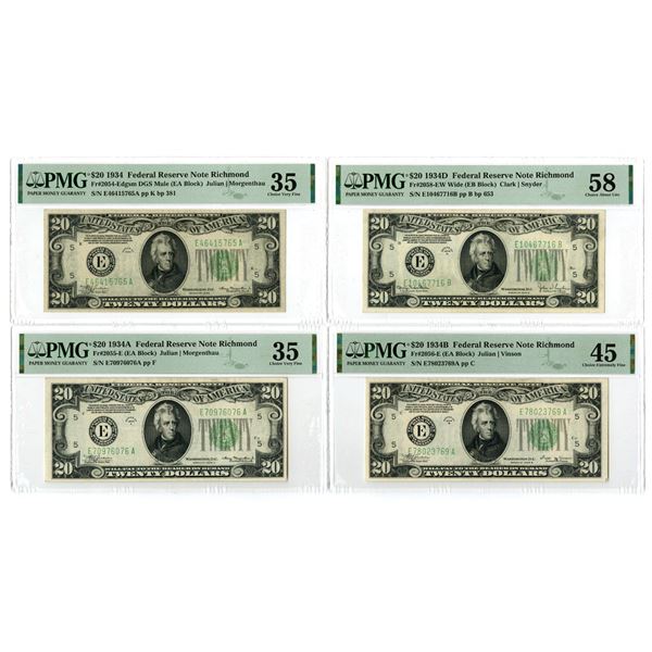 U.S., F.R.N., $20, Series of 1934, 1934A, 1934B, and 1934D, Issued Banknote Quartet.