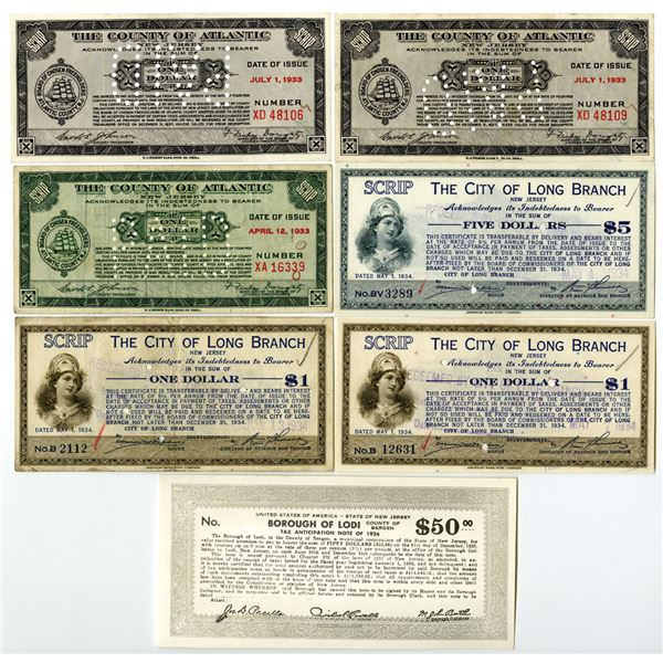 NJ. County of Atlantic, Bergen & Borough of Lodi, 1933 to 1936, Scrip and Municipal Note Collection