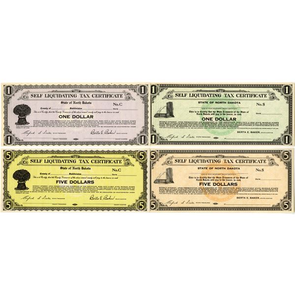 ND. Self Liquidating Tax Cert., 1933, Lot of 4 Specimen or Remainder Depression Scrip