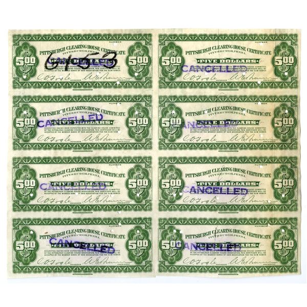 PA. Pittsburgh Clearing House Certificate, ND (1907), Uncut Sheet of 8, $5 Uniface Specimen-Proof De