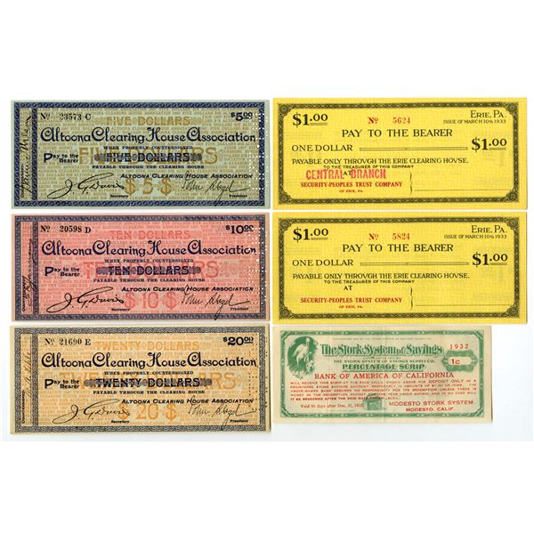 PA. & CA.,  Clearing House and Depression Scrip, 1907 and 1933  Banknote Assortment