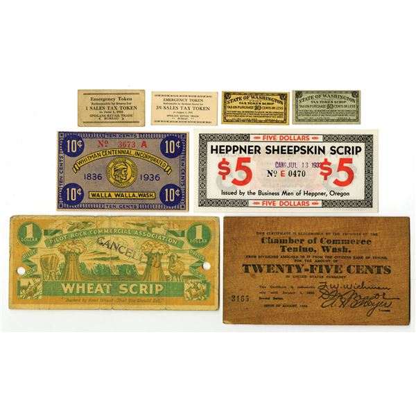 Depression Era Scrip and Token Assortment, 1932 to 1941 including Note Printed on Thin Piece of Wood