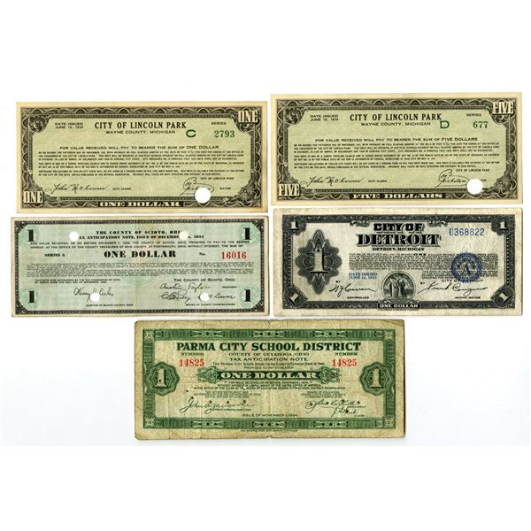 Midwestern America, 1933 to 1934, Municipal Scrip and Tax Anticipation Note Assortment,