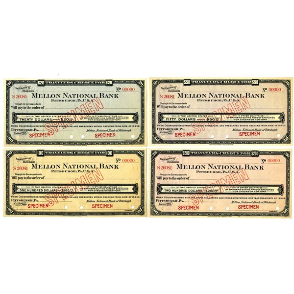 PA. Mellon National Bank, Pittsburgh, PA., ND (ca.1910-30) Specimen Set of 4 Traveler's Checks