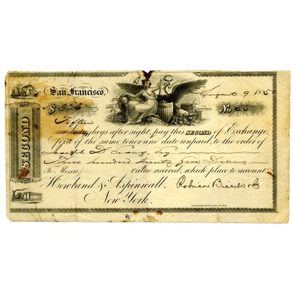 CA Territory. California Gold Rush Era, 1850 I/U 2nd Bill of Exchange Issued in San Francisco and Pa