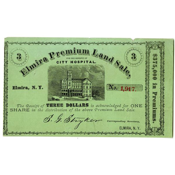 NY. Elmira Premium Land Sale for the Benefit of City Hospital, ca.1870-1880's Issued Share - Lottery
