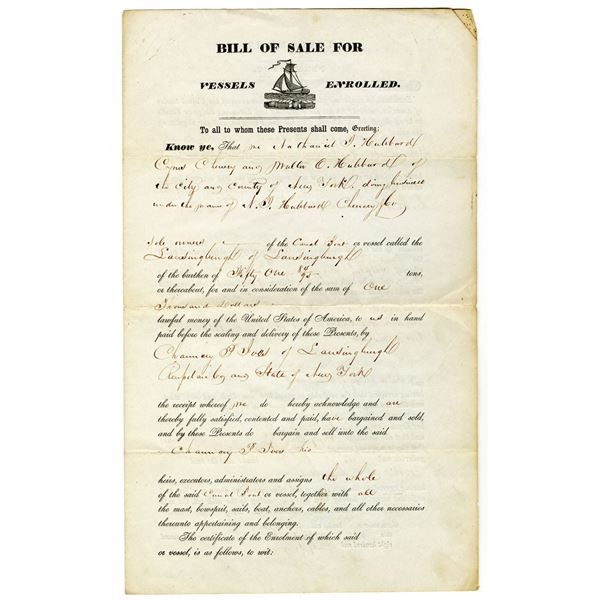 NY. Bill of Sale for Vessels Enrolled "Canal Boat", 1844