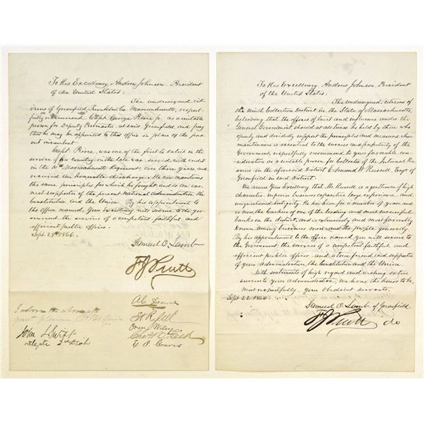 MA. Political Correspondence to President Andrew Johnson, 1866, Greenfield, Massachusetts Appointmen