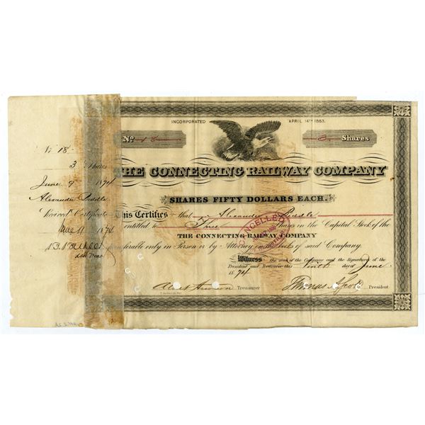 PA. Connecting Railway Co., 1874, I/C Stock Certificate Signed by Thomas A. Scott, as President and 
