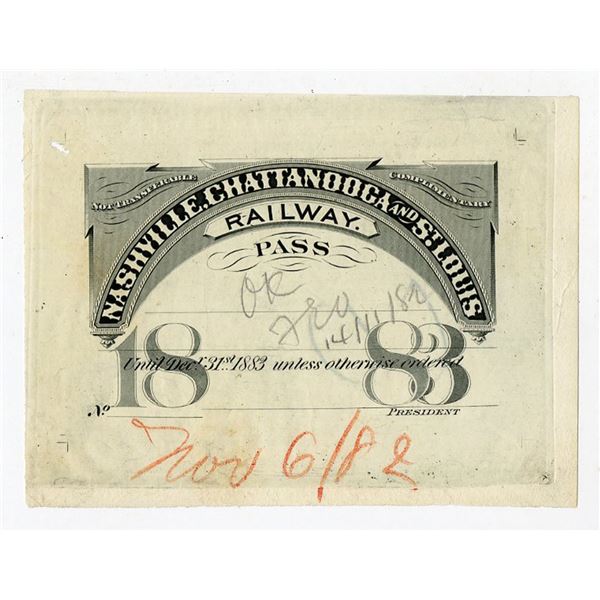 TN. Nashville, Chattanooga and St. Louis Railway, 1882 Unique Approval Proof Railroad Pass