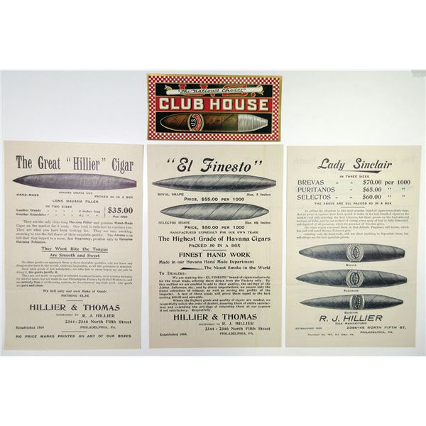 PA. Hillier & Thomas Cigar Advertising Ephemera with Club House Label, 1905.