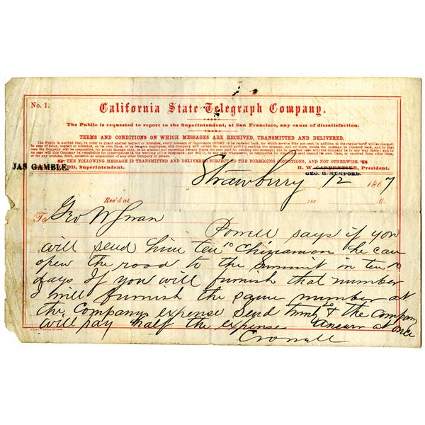 CA. California State Telegraph Co., 1867 Telegram Message Discussing Sending 10 "Chinamen" To Help O