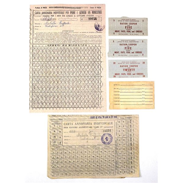 Italian and American WWII Ration Coupons and Cards, ND (1940s).