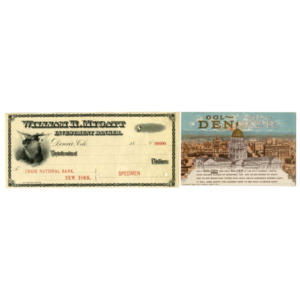 CO. William R. Mygatt Investment Banker Specimen Check with Denver Postcard Pair, Early 1900s