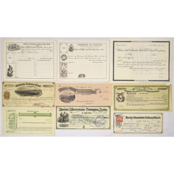 Colorado & Colorado Territorial Mining and Fiscal Checks & Documents, 1870s to 1880s