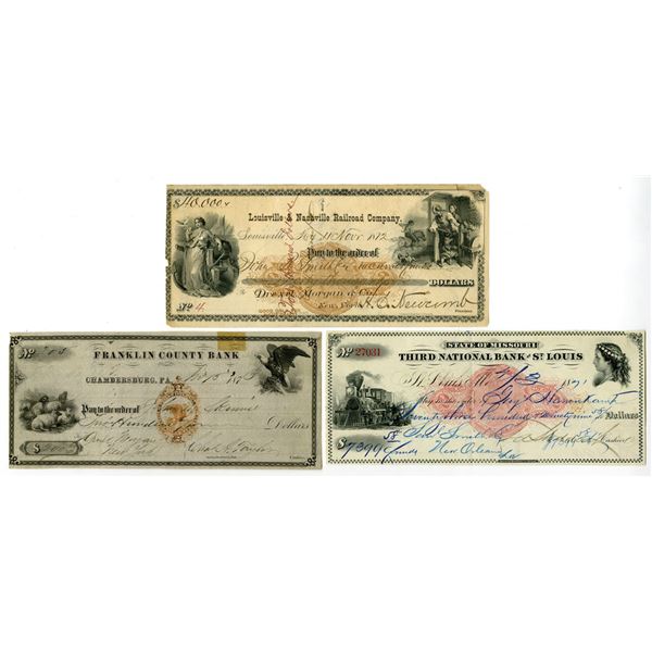 MO. KY. PA., Attractive Security Printed Ornate Check & Draft Trio with Various Imprinted Revenues, 