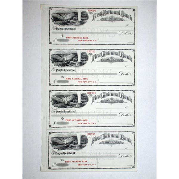 MT. First National Bank of Helena, Montana, ND (1860s to 1880s), Uncut Sheet of Checks.