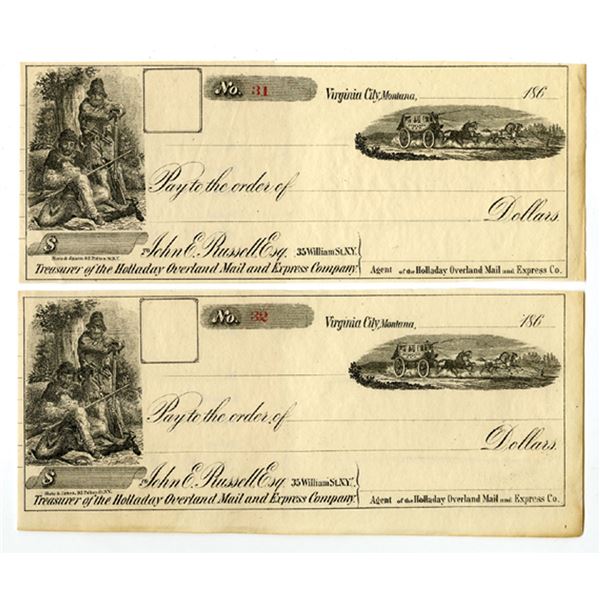 MT. Holladay Overland Mail and Express Co., with Stage Coach Vignettes, 1860s, Unissued Draft Pair