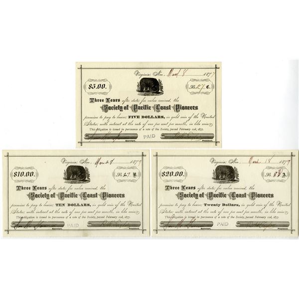 NV. Society of Pacific Coast Pioneers, 1877 to 1879, $5, $10, and $20 I/C  Obsolete Promissory Note 