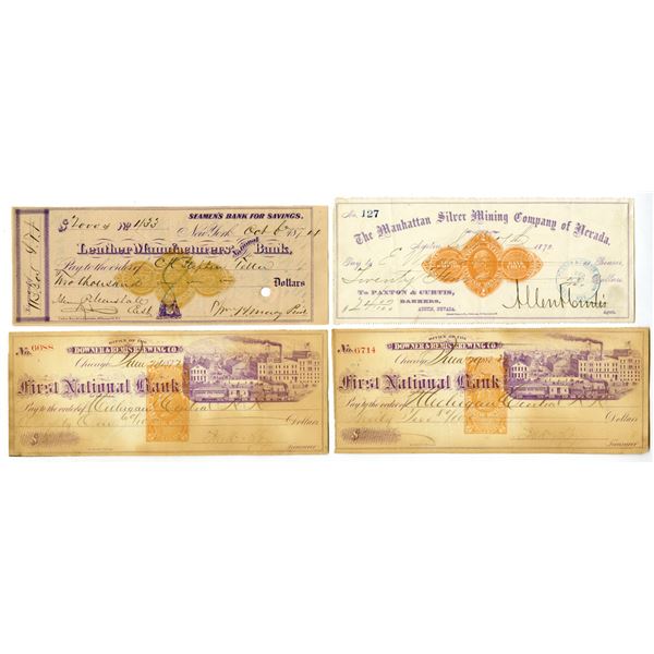 NY. NV. IL., Banking, Brewing, and Mining, 1872 to 1874, U.S. Revenue Imprinted Checks and Drafts.