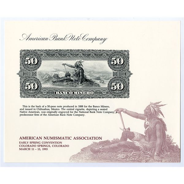 ANA 1993, Reverse of Banco Minero's $50 Obsolete Reprint Proof of 1888 Obsolete Banknote.