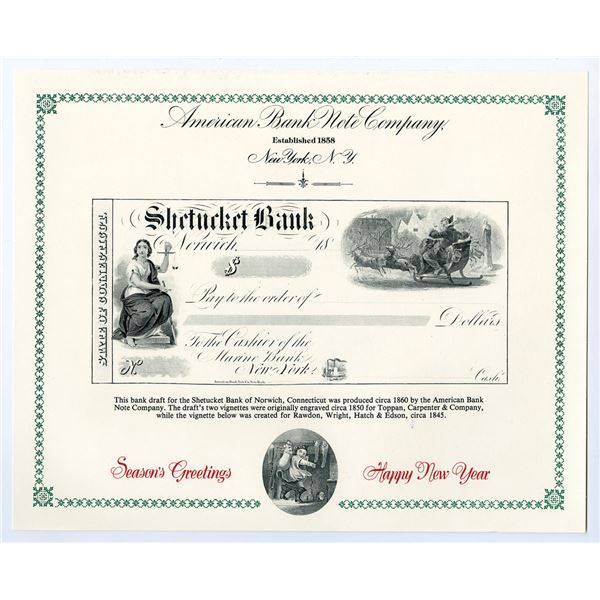 ABNC Bank Draft for the Shetucket Bank of Norwich Connecticut with Santa Claus Vignette ca.1860 Seas