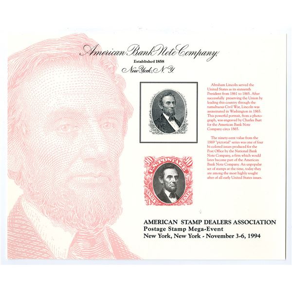 ASDA 1994 Mega-Event Abraham Lincoln Reprint Intaglio Vignette Portrait used on 1869 90 cents Pictor