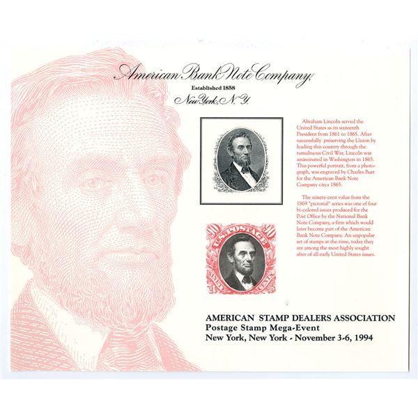 ASDA 1994 Mega-Event Abraham Lincoln Reprint Intaglio Vignette Portrait used on 1869 90 cents Pictor