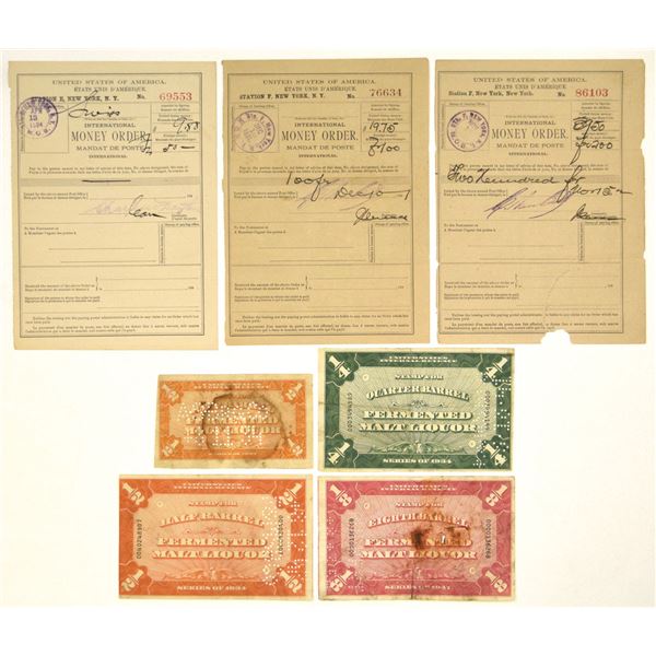 International Postal Money Orders & Fermented Malt Liquor Tax Stamp Assortment, 1891 to 1947.