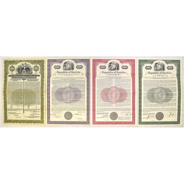 Austria. Government of Austria Specimen Bond Quartet, 1923 to 1977.