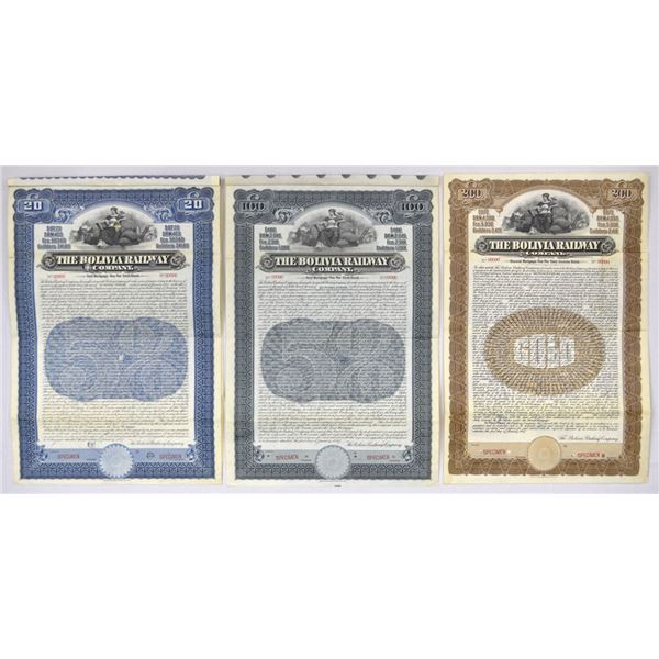 Bolivia. Bolivia Railway Co., 1907, Specimen Bond Trio.