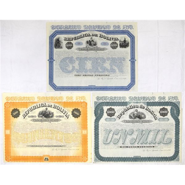 Republica de Bolivia, 1870 Impressive Large Format Remainder Bond Trio by National Bank Note Co.