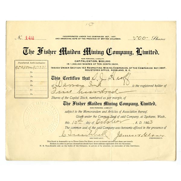 Canada. Fisher Maiden Mining Co. Ltd., 1903, I/U Stock Certificate.