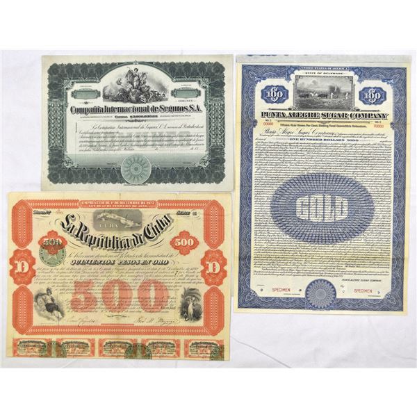 Cuba. Cuban Independence Bond, and Sugar Company Bond and Stock Certificates, 1872 to 1922.