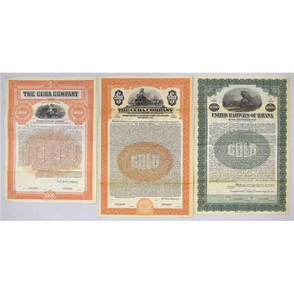 Cuba. Cuban Specimen Railroad Bond Trio, 1902 to 1925.