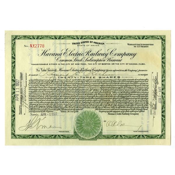 Cuba. Havana Electric Railway Co., 1927, Issued Warrant.