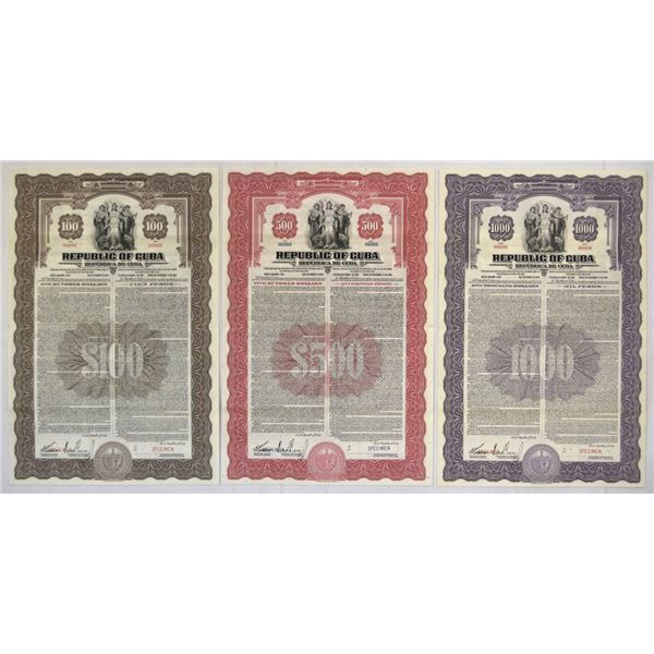 Cuba . Republica de Cuba, 1941, Specimen Coupon Bond Trio.