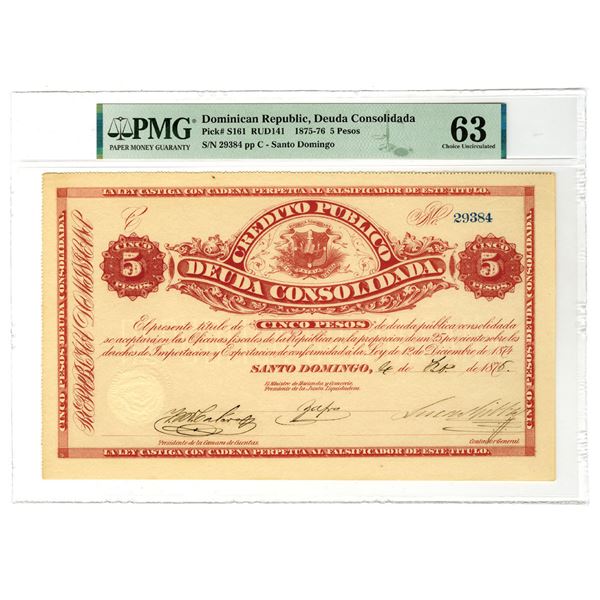 Dominican Republic. Credito Publico-Deuda Consolidada, 1875 to 1876, Issued Bond.