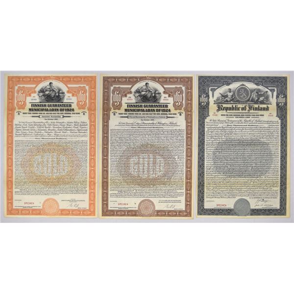Finland. Finish Government Specimen Bond Trio, 1924 to 1925.